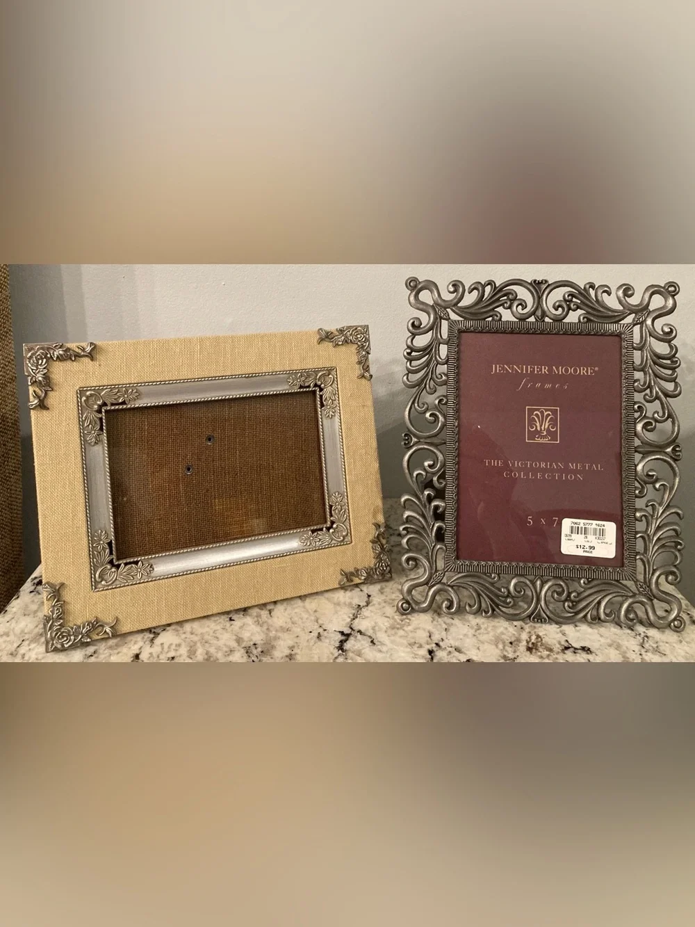 2 Ornate Picture Frames, Silver Toned, Scroll, Burlap